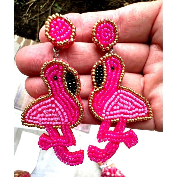Flamingo Earrings Beaded Dangle Post New Pink Statement Jewelry Caribbe… - Picture 3 of 12